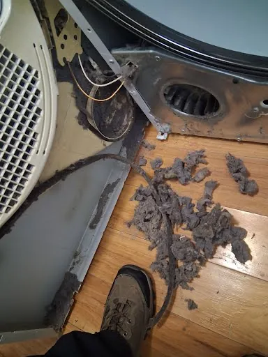 Large pile of lint removed from inside a clothes dryer cabinet